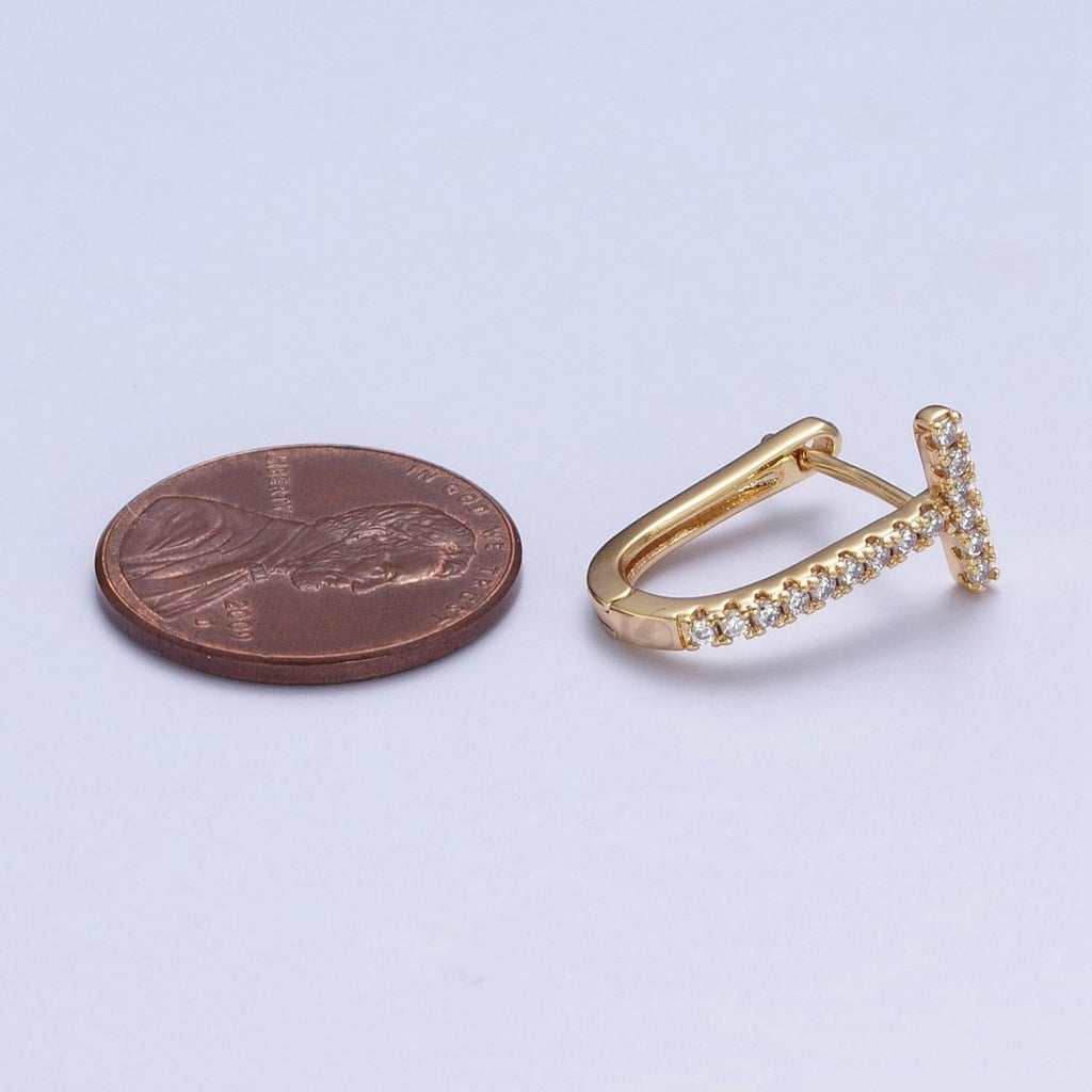 24K Gold plated Micro Paved CZ 16mm T-Shaped Oblong Hoop Earrings T-036 - DLUXCA