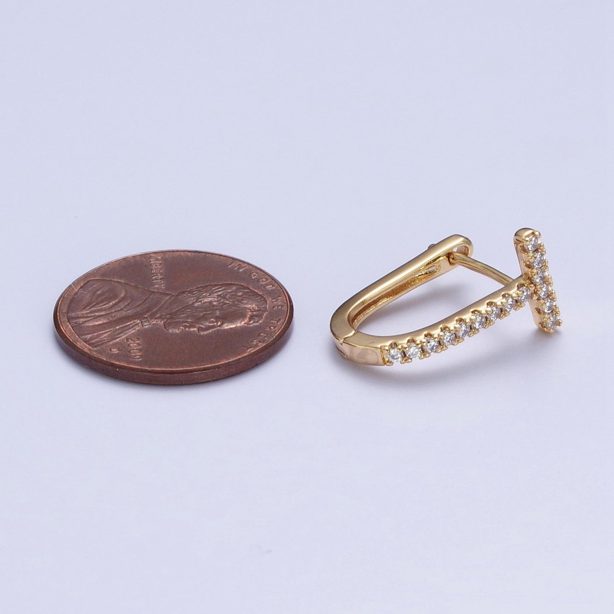24K Gold plated Micro Paved CZ 16mm T-Shaped Oblong Hoop Earrings T-036 - DLUXCA