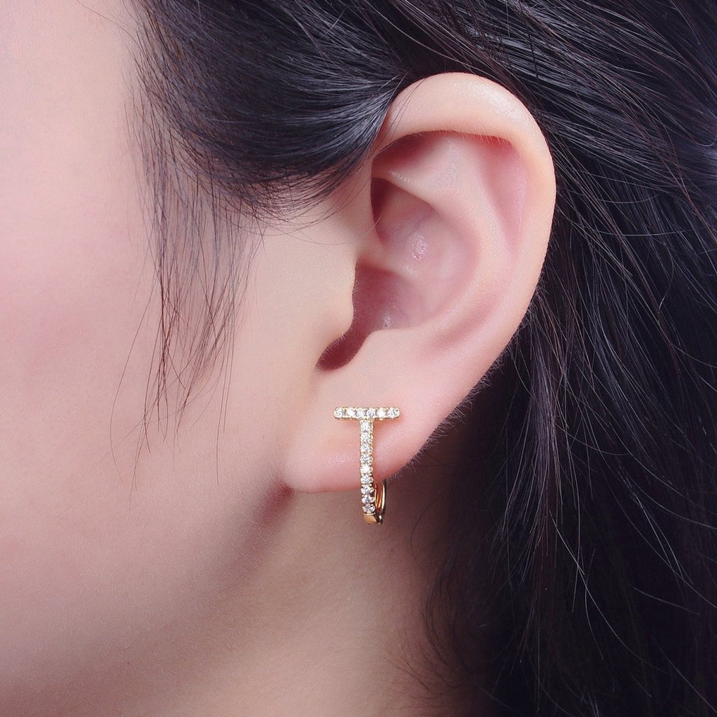 24K Gold plated Micro Paved CZ 16mm T-Shaped Oblong Hoop Earrings T-036 - DLUXCA