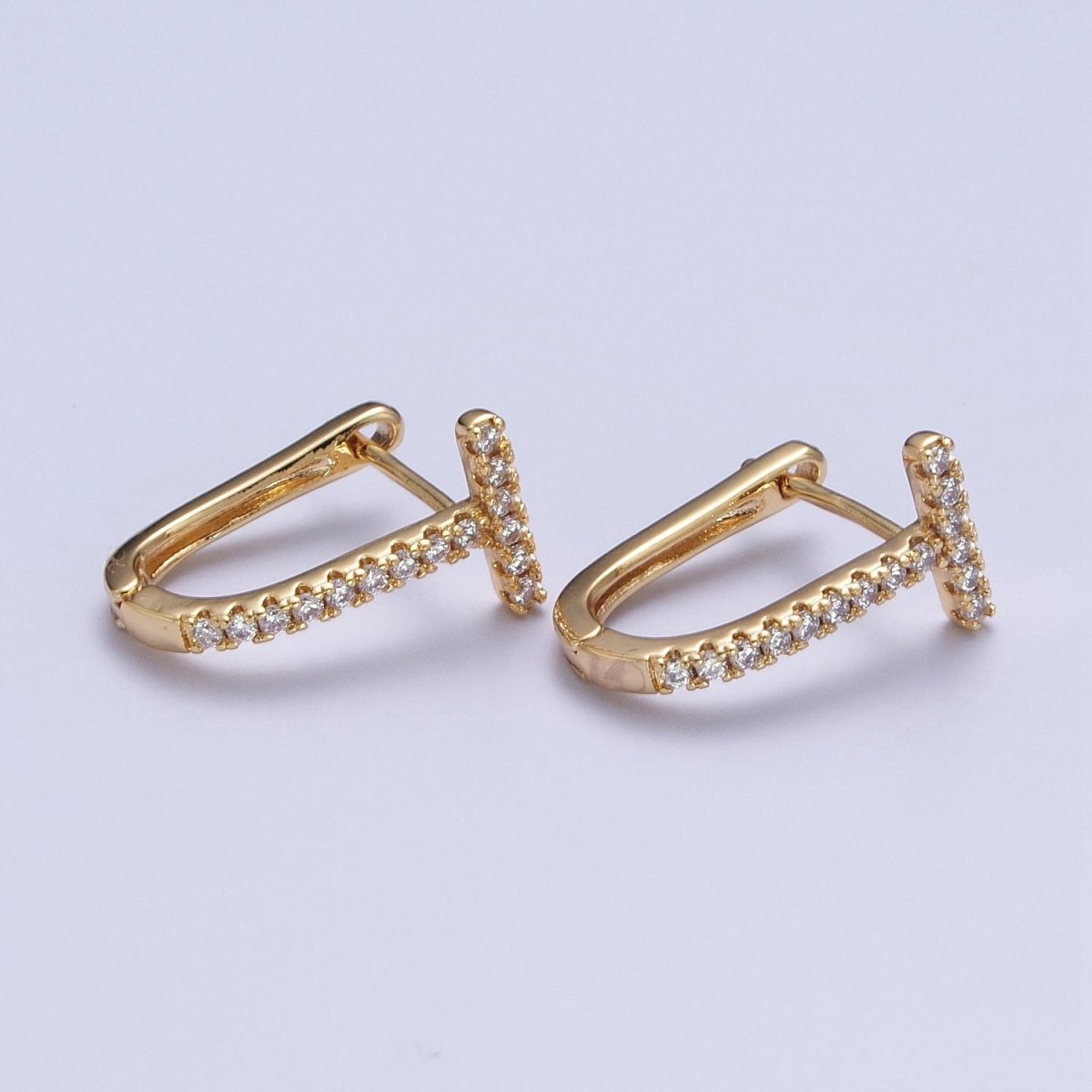 24K Gold plated Micro Paved CZ 16mm T-Shaped Oblong Hoop Earrings T-036 - DLUXCA