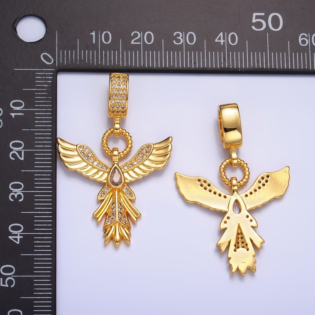 24K Gold plated Micro Paved CZ Angel Feather Drop Bail Pendant | AA1091 