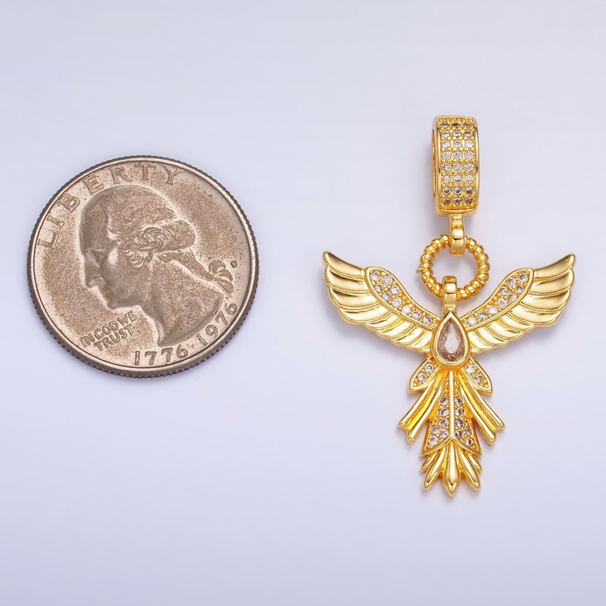 24K Gold plated Micro Paved CZ Angel Feather Drop Bail Pendant | AA1091 