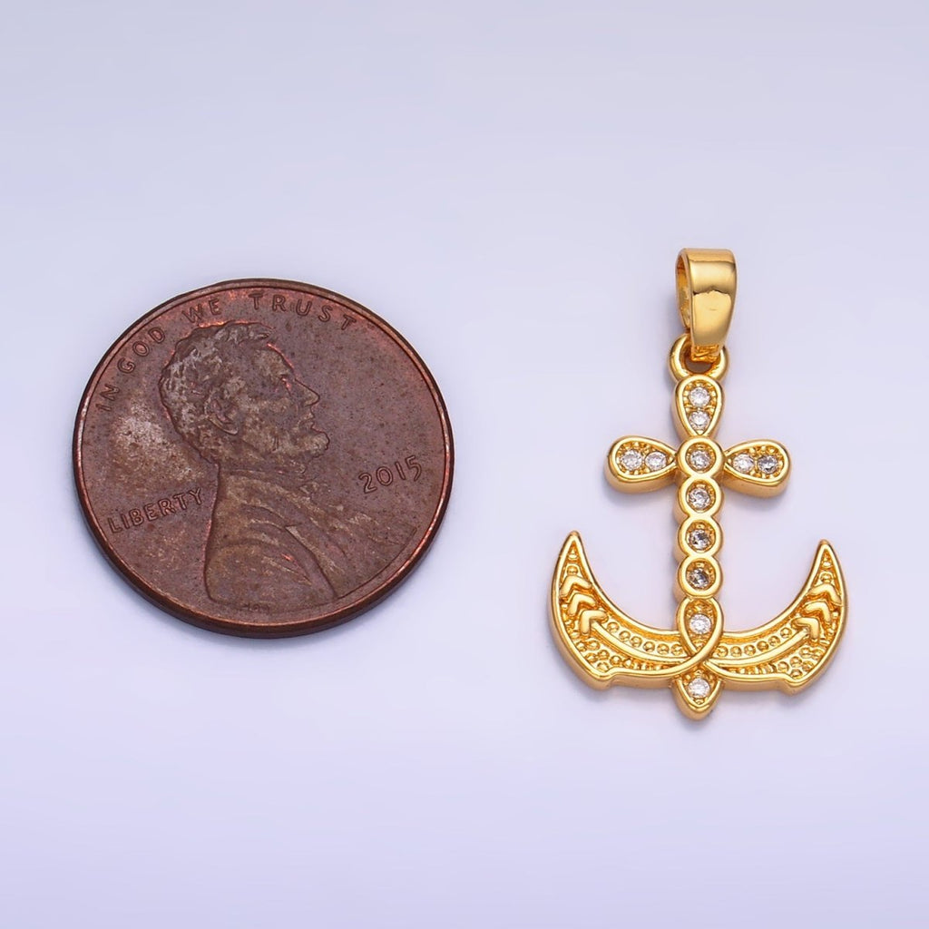 24K Gold plated Micro Paved CZ Artisan Cross Anchor Pendant | AA1060 - DLUXCA