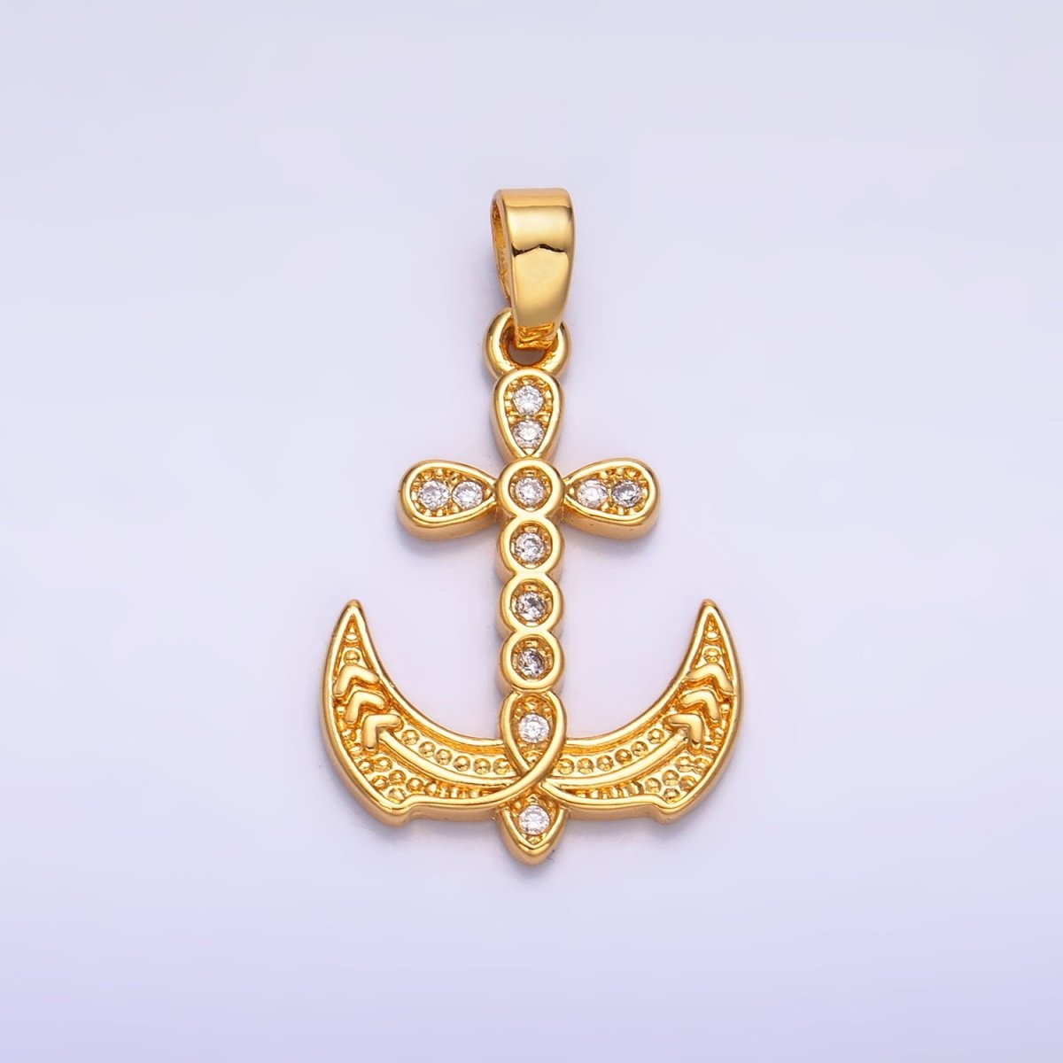 24K Gold plated Micro Paved CZ Artisan Cross Anchor Pendant | AA1060 - DLUXCA