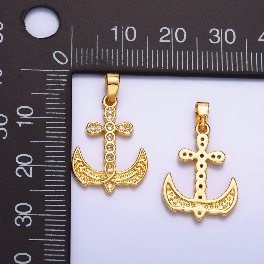 24K Gold plated Micro Paved CZ Artisan Cross Anchor Pendant | AA1060 - DLUXCA