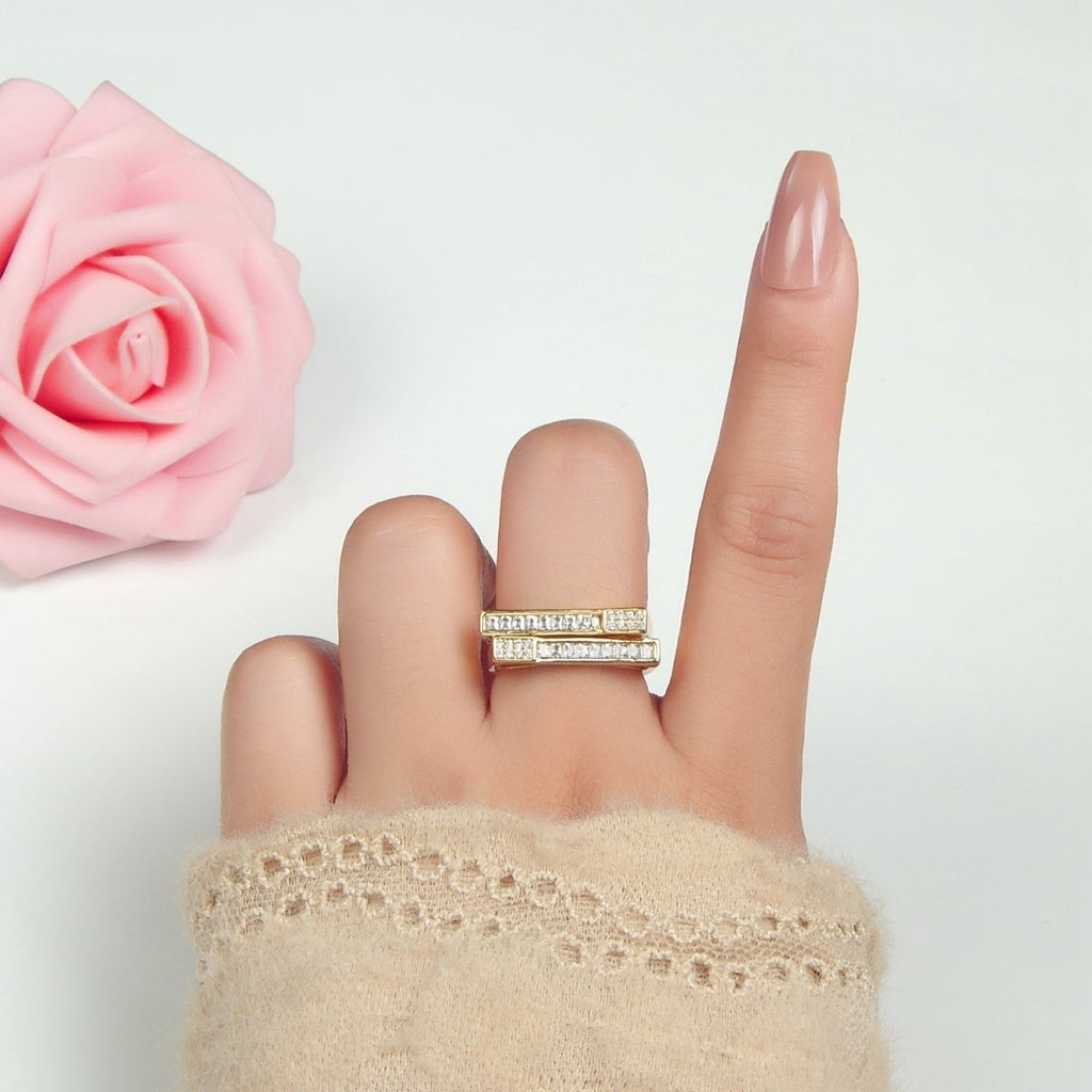 24k Gold plated Micro Paved CZ Bar Double Band Adjustable Ring | O - 1414 - DLUXCA