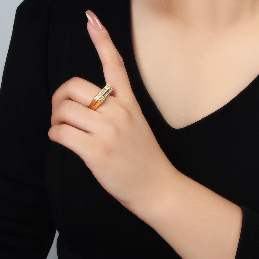 24k Gold plated Micro Paved CZ Bar Double Band Adjustable Ring | O - 1414 - DLUXCA