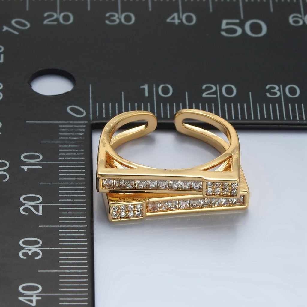 24k Gold plated Micro Paved CZ Bar Double Band Adjustable Ring | O - 1414 - DLUXCA