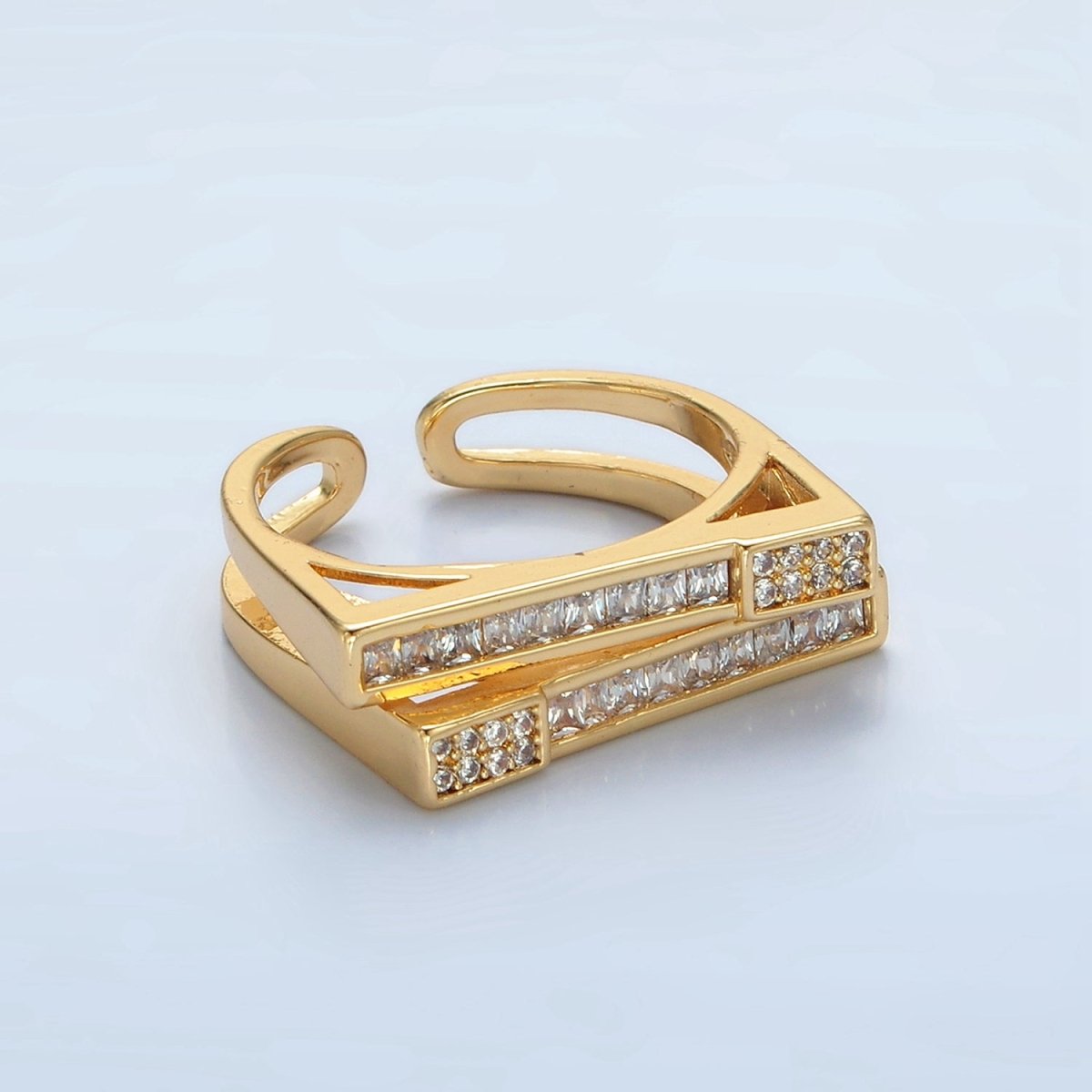 24k Gold plated Micro Paved CZ Bar Double Band Adjustable Ring | O - 1414 - DLUXCA