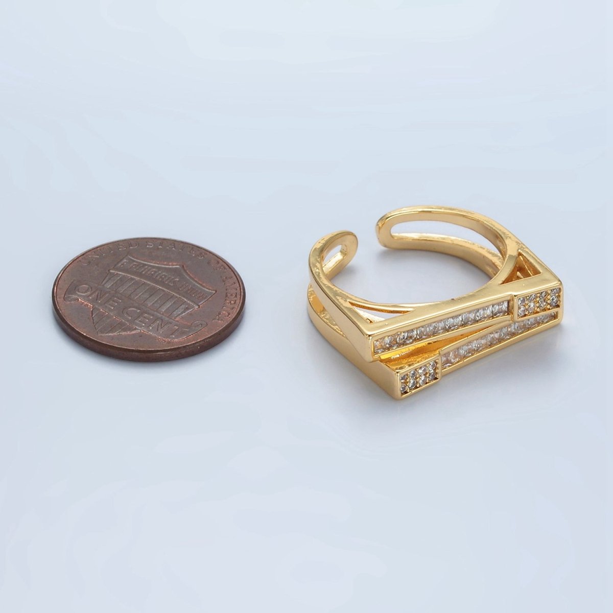 24k Gold plated Micro Paved CZ Bar Double Band Adjustable Ring | O - 1414 - DLUXCA