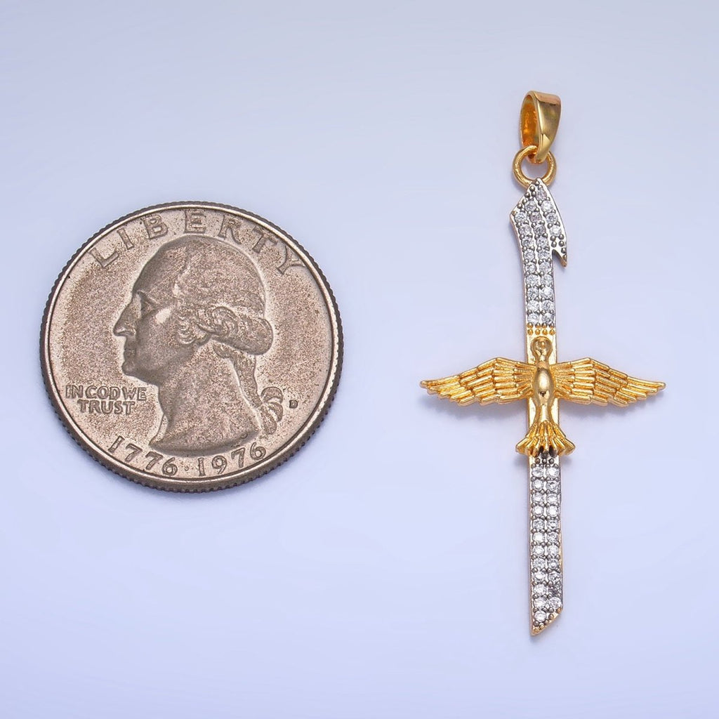 24K Gold plated Micro Paved CZ Bird Cross Mixed Metal Pendant | AA1009 - DLUXCA
