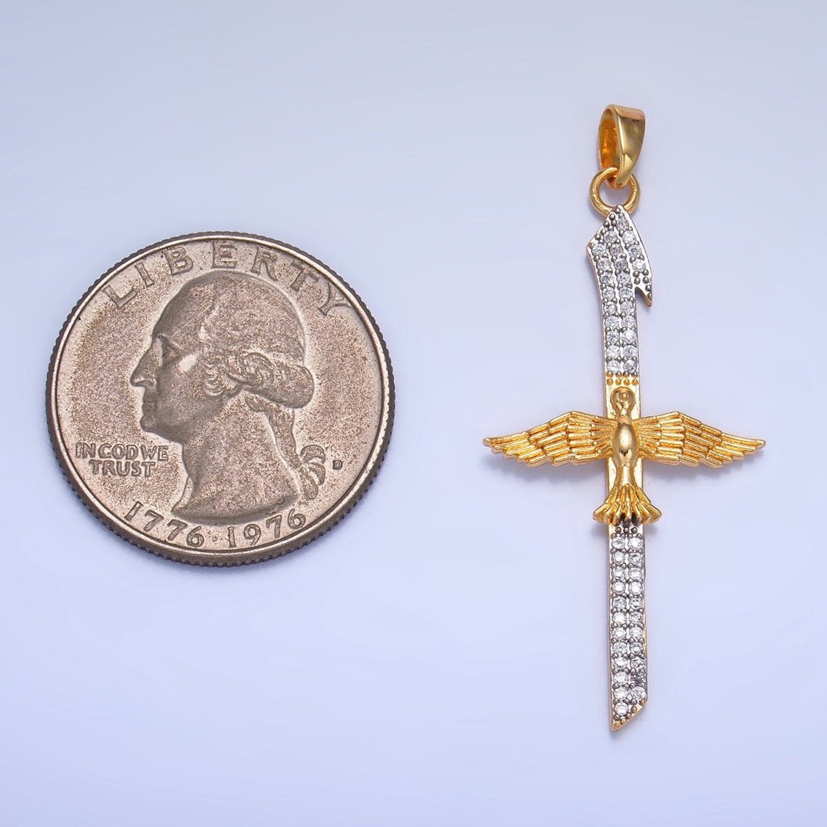 24K Gold plated Micro Paved CZ Bird Cross Mixed Metal Pendant | AA1009 - DLUXCA