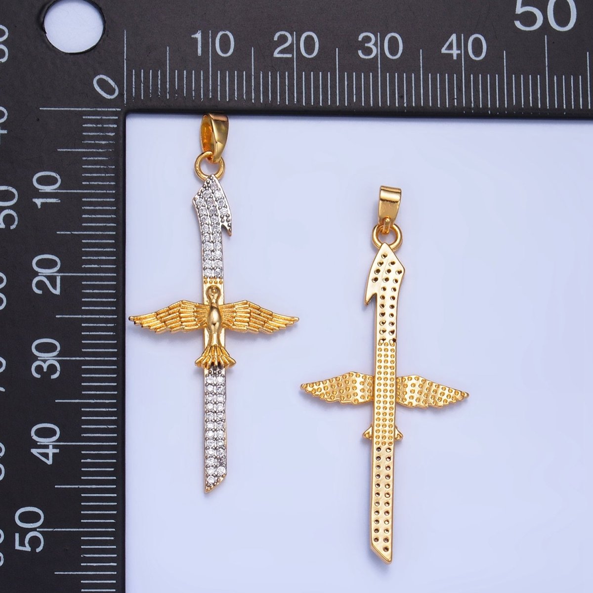 24K Gold plated Micro Paved CZ Bird Cross Mixed Metal Pendant | AA1009 - DLUXCA