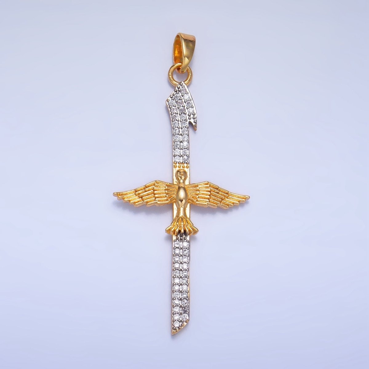 24K Gold plated Micro Paved CZ Bird Cross Mixed Metal Pendant | AA1009 - DLUXCA