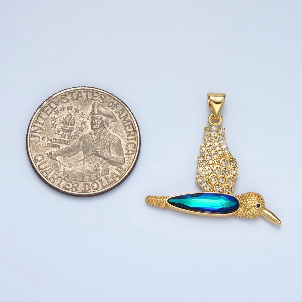 24K Gold plated Micro Paved CZ Blue Humming Bird Pendant | AA - 905 - DLUXCA