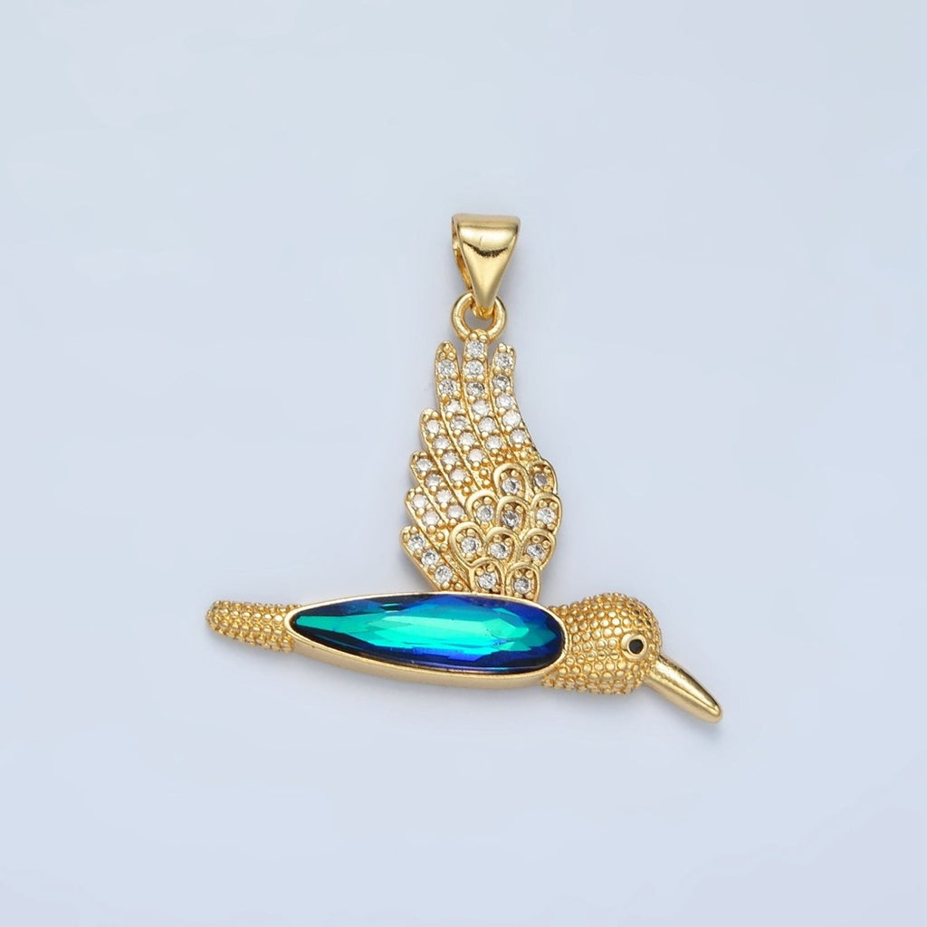24K Gold plated Micro Paved CZ Blue Humming Bird Pendant | AA - 905 - DLUXCA