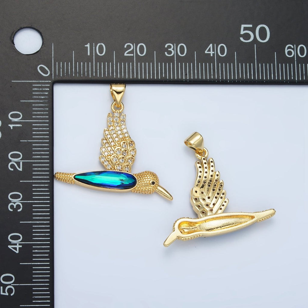 24K Gold plated Micro Paved CZ Blue Humming Bird Pendant | AA - 905 - DLUXCA