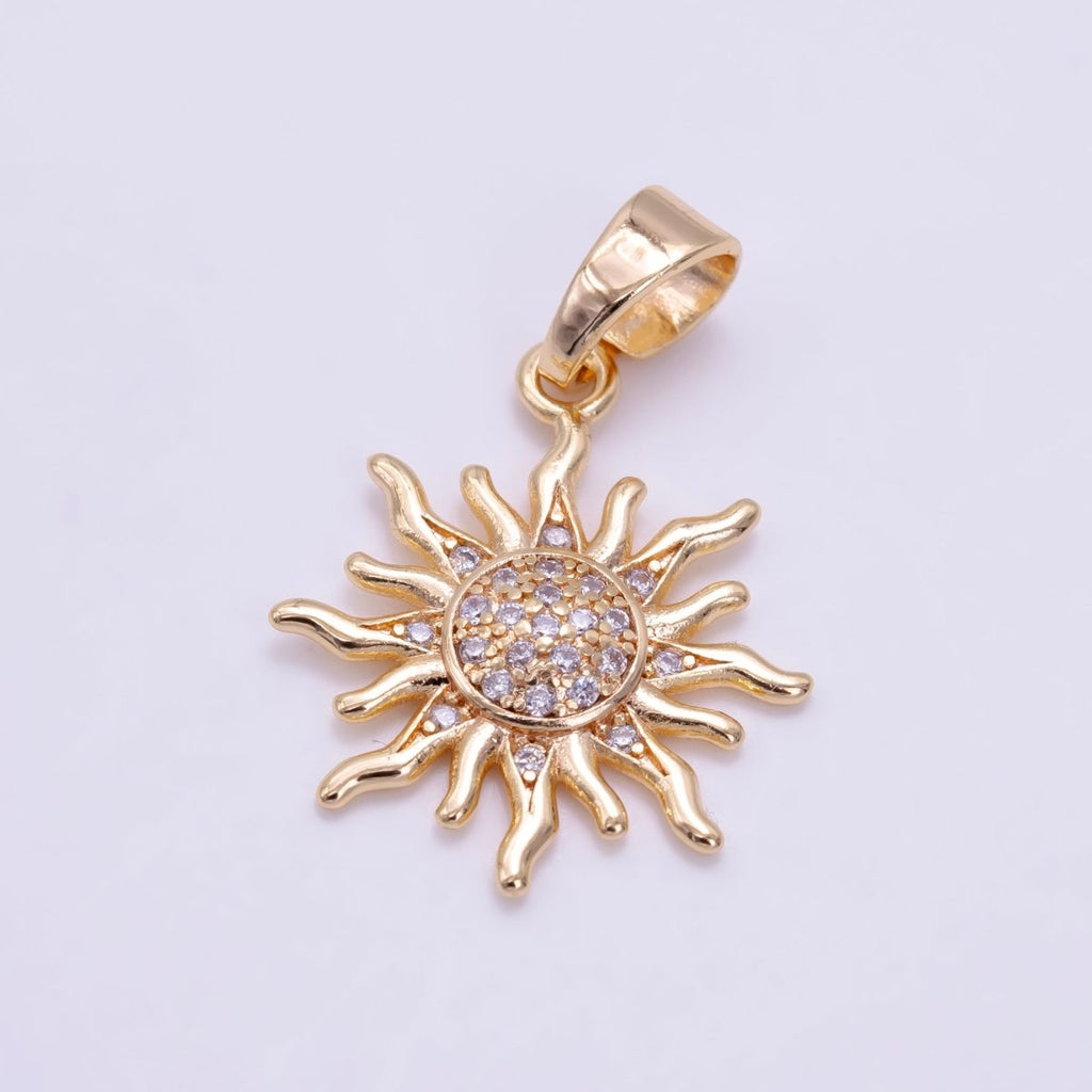 24K Gold plated Micro Paved CZ Celestial Sun Pendant in Gold & Rose Gold | H539 - DLUXCA