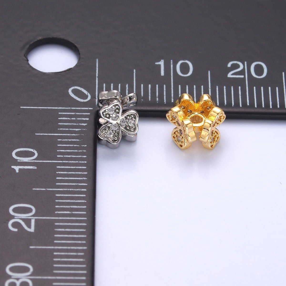 24K Gold plated Micro Paved CZ Clover Flower Bead in Gold & Silver | B647 
