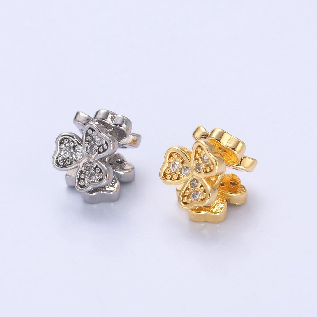 24K Gold plated Micro Paved CZ Clover Flower Bead in Gold & Silver | B647 