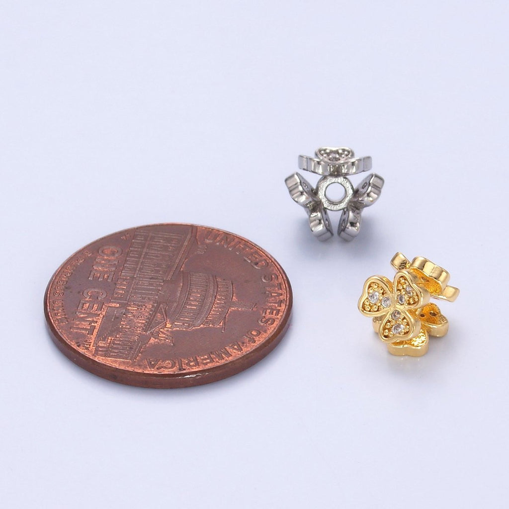 24K Gold plated Micro Paved CZ Clover Flower Bead in Gold & Silver | B647 