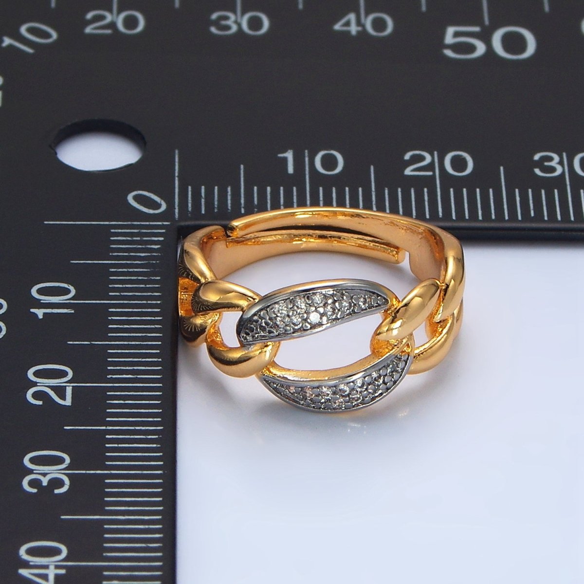 24K Gold plated Micro Paved CZ Concave Curb Mixed Metal Ring | O1419 - DLUXCA