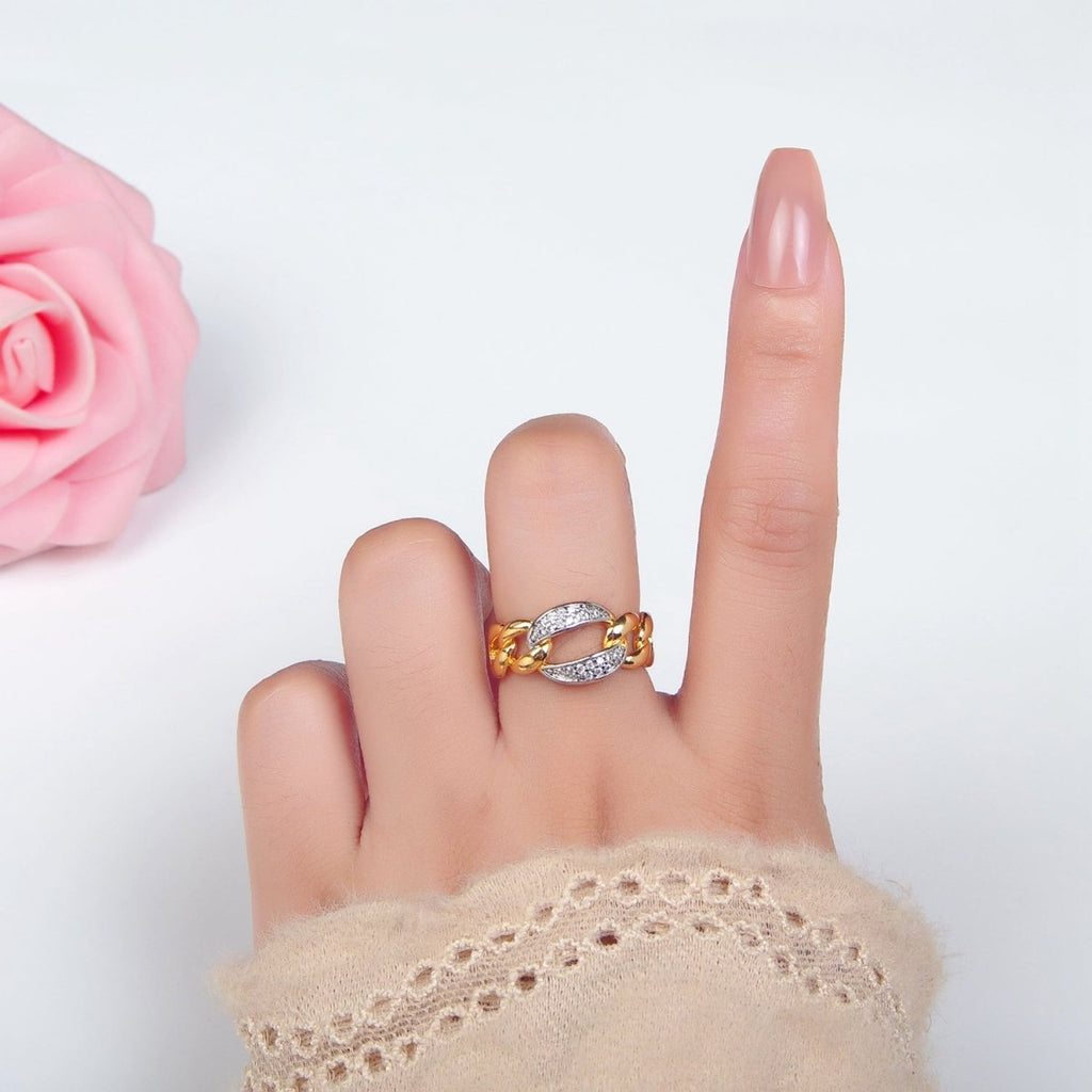 24K Gold plated Micro Paved CZ Concave Curb Mixed Metal Ring | O1419 - DLUXCA