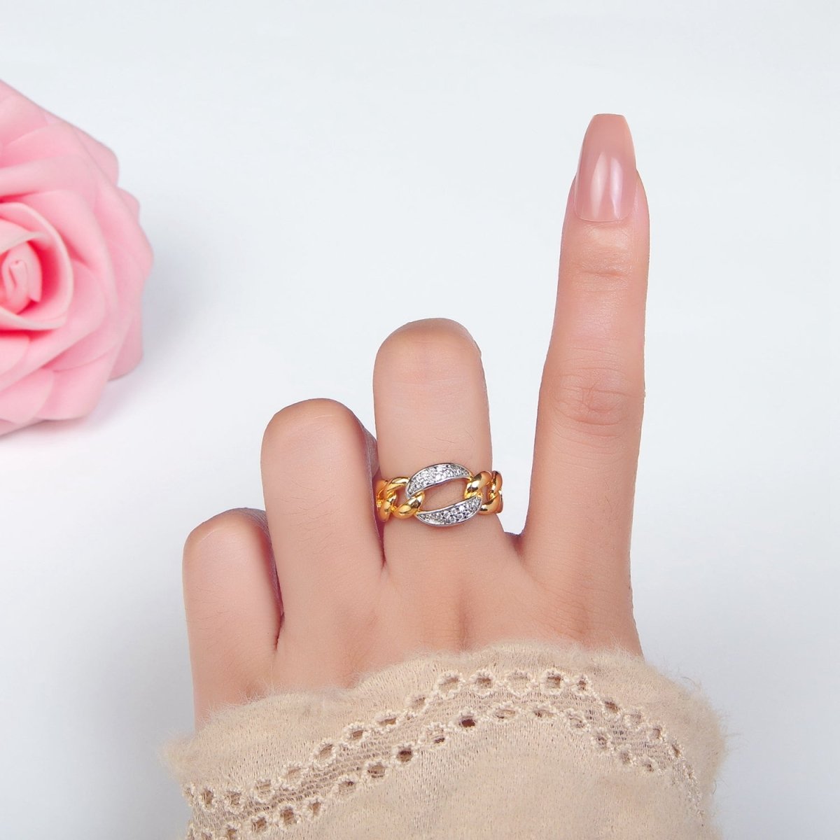 24K Gold plated Micro Paved CZ Concave Curb Mixed Metal Ring | O1419 - DLUXCA