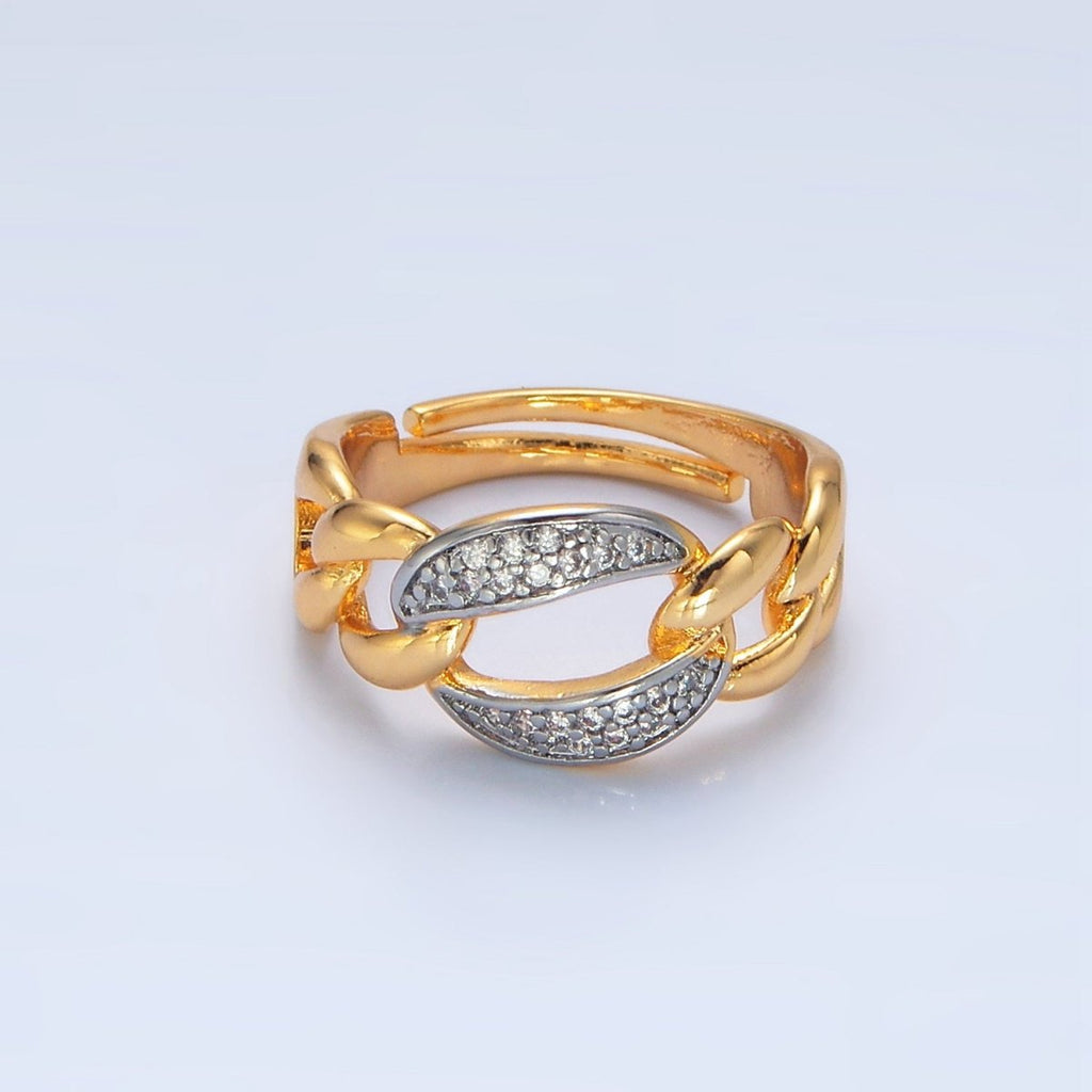 24K Gold plated Micro Paved CZ Concave Curb Mixed Metal Ring | O1419 - DLUXCA