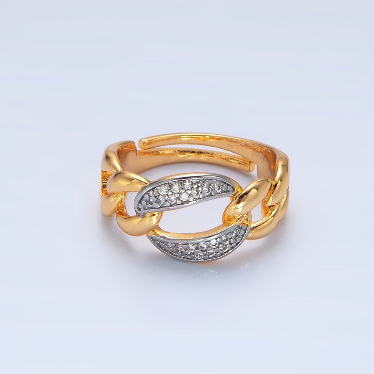 24K Gold plated Micro Paved CZ Concave Curb Mixed Metal Ring | O1419 - DLUXCA