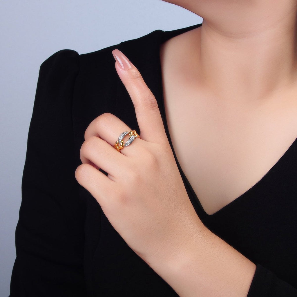 24K Gold plated Micro Paved CZ Concave Curb Mixed Metal Ring | O1419 - DLUXCA