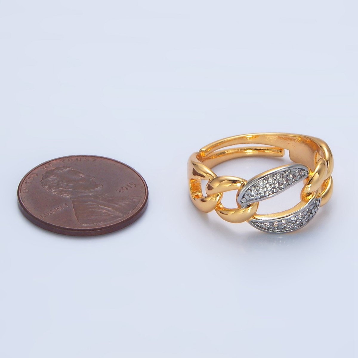 24K Gold plated Micro Paved CZ Concave Curb Mixed Metal Ring | O1419 - DLUXCA