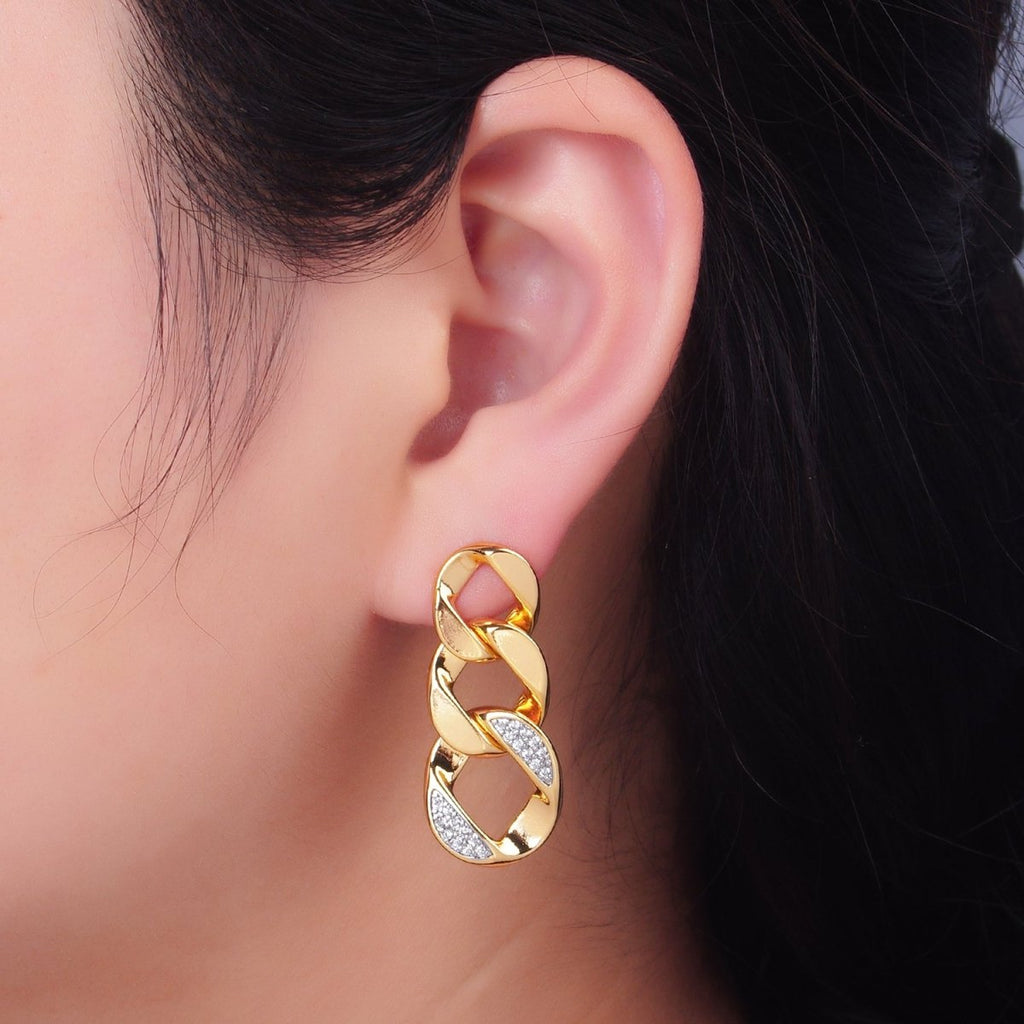 24K Gold plated Micro Paved CZ Concave Curb Mixed Metal Stud Earrings | V329 - DLUXCA