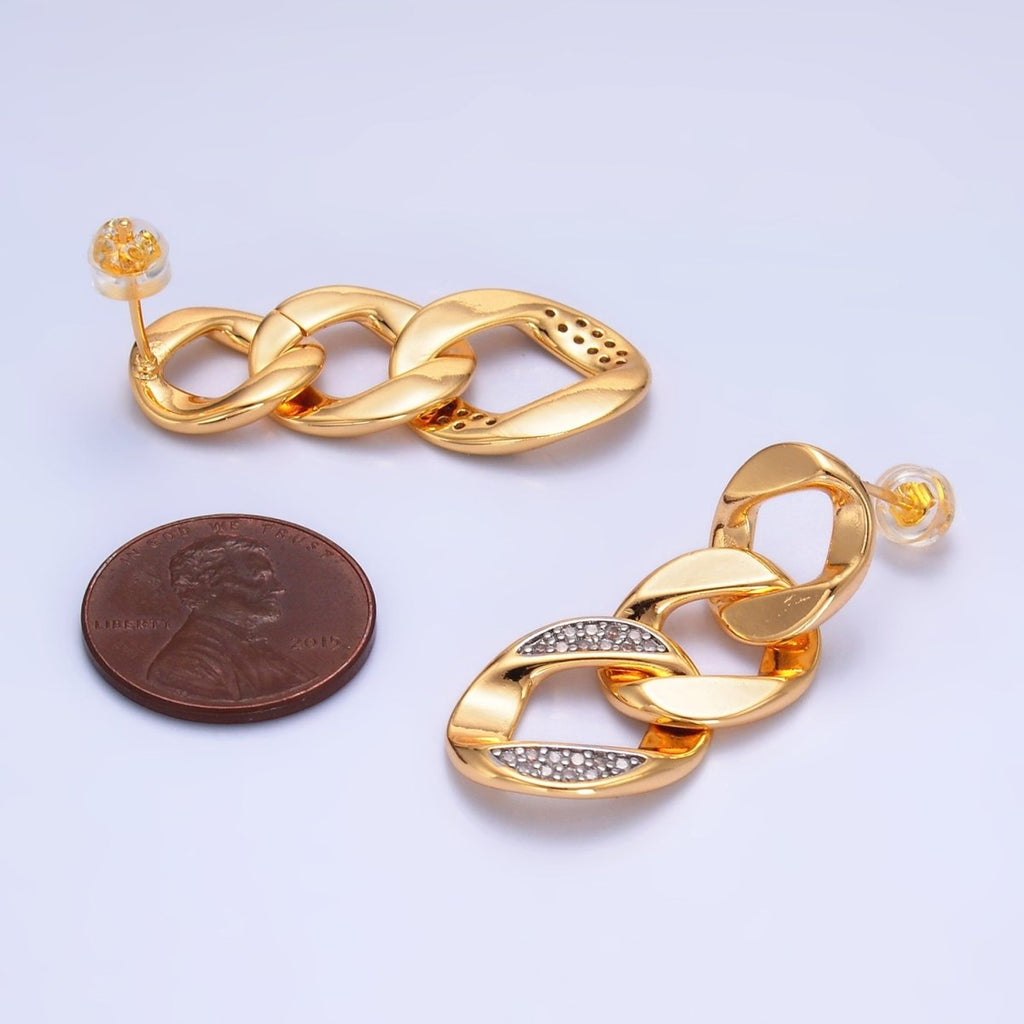 24K Gold plated Micro Paved CZ Concave Curb Mixed Metal Stud Earrings | V329 - DLUXCA