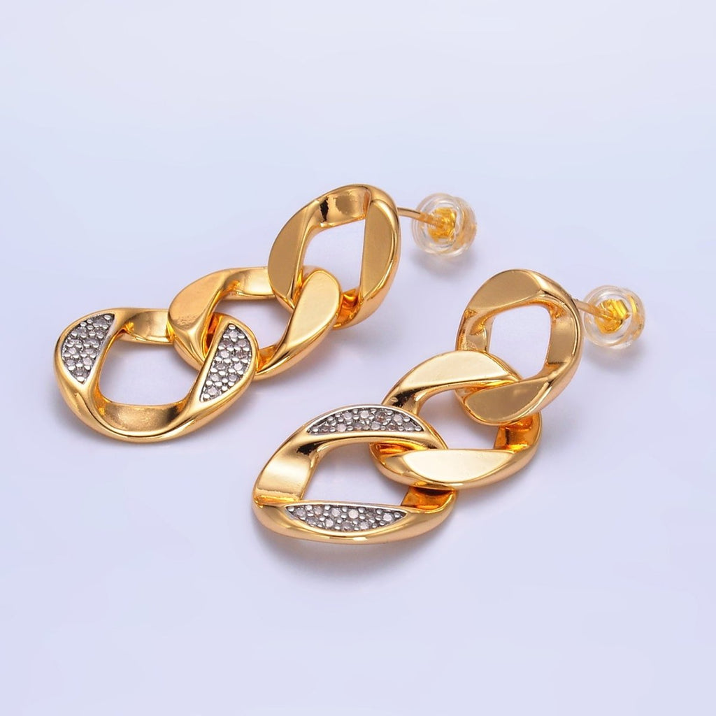 24K Gold plated Micro Paved CZ Concave Curb Mixed Metal Stud Earrings | V329 - DLUXCA