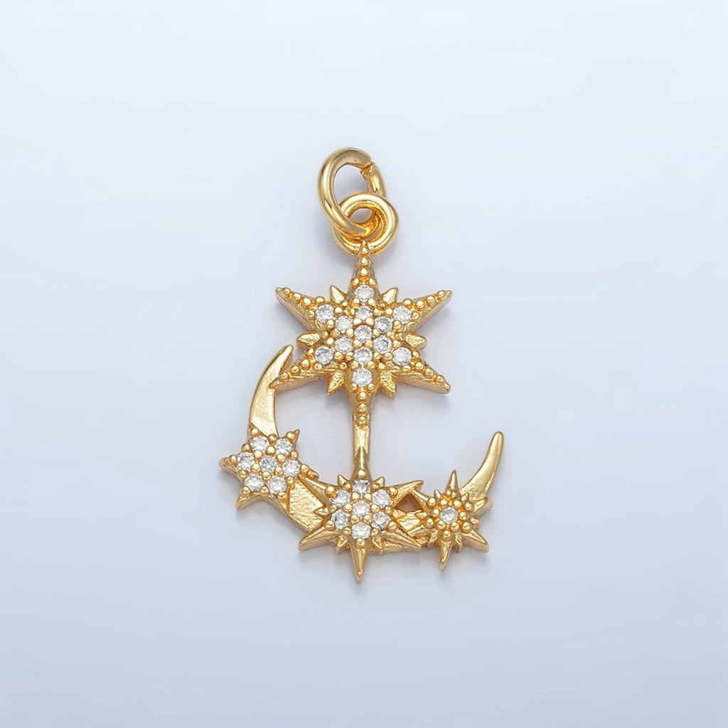 24K Gold plated Micro Paved CZ Crescent Moon Star Celestial Charm | E305 - DLUXCA