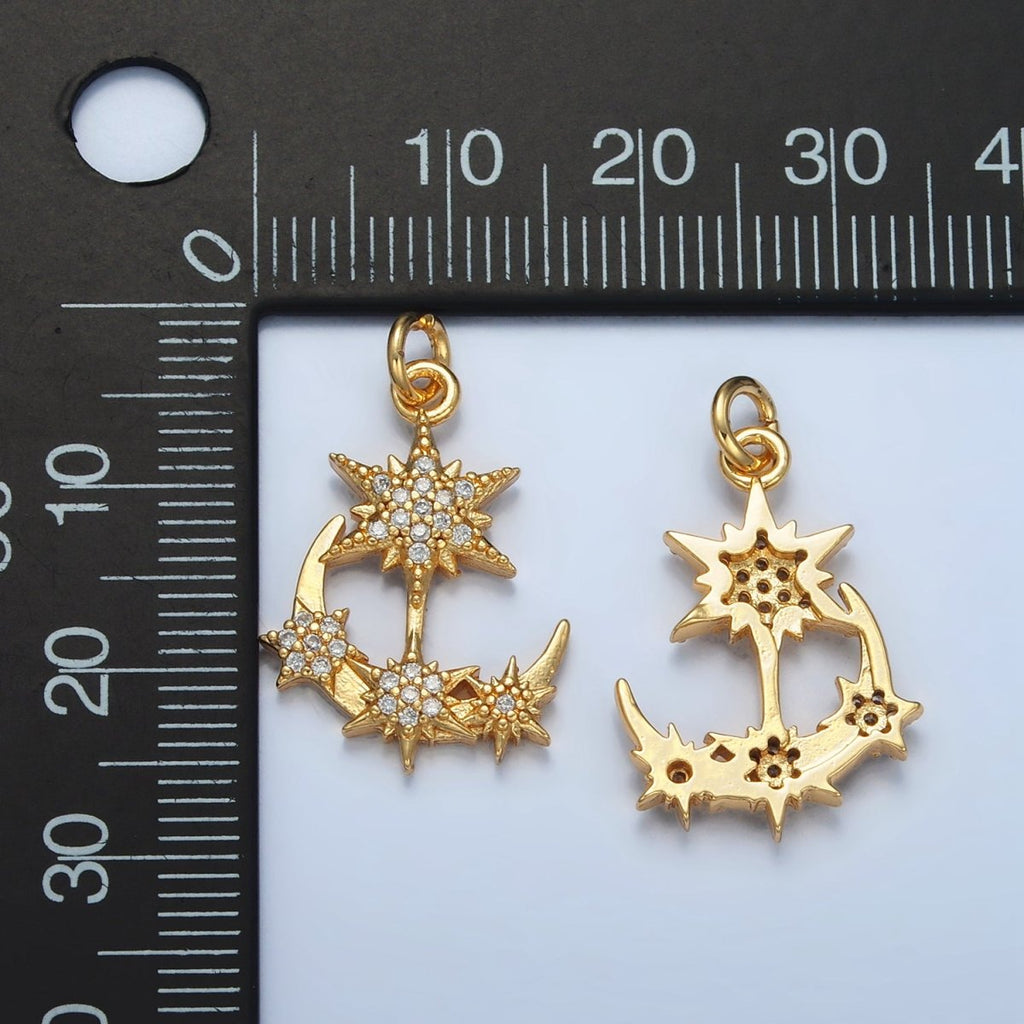 24K Gold plated Micro Paved CZ Crescent Moon Star Celestial Charm | E305 - DLUXCA