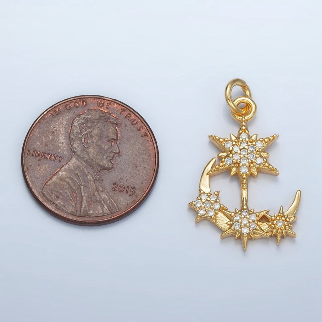 24K Gold plated Micro Paved CZ Crescent Moon Star Celestial Charm | E305 - DLUXCA