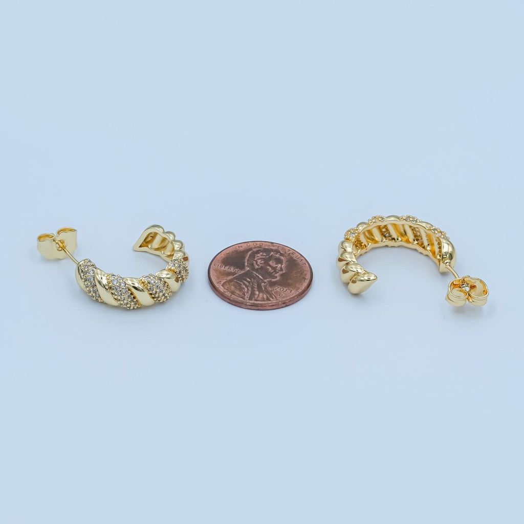 24K Gold plated Micro Paved CZ Croissant C - Shaped Hoop Earrings | AE862 