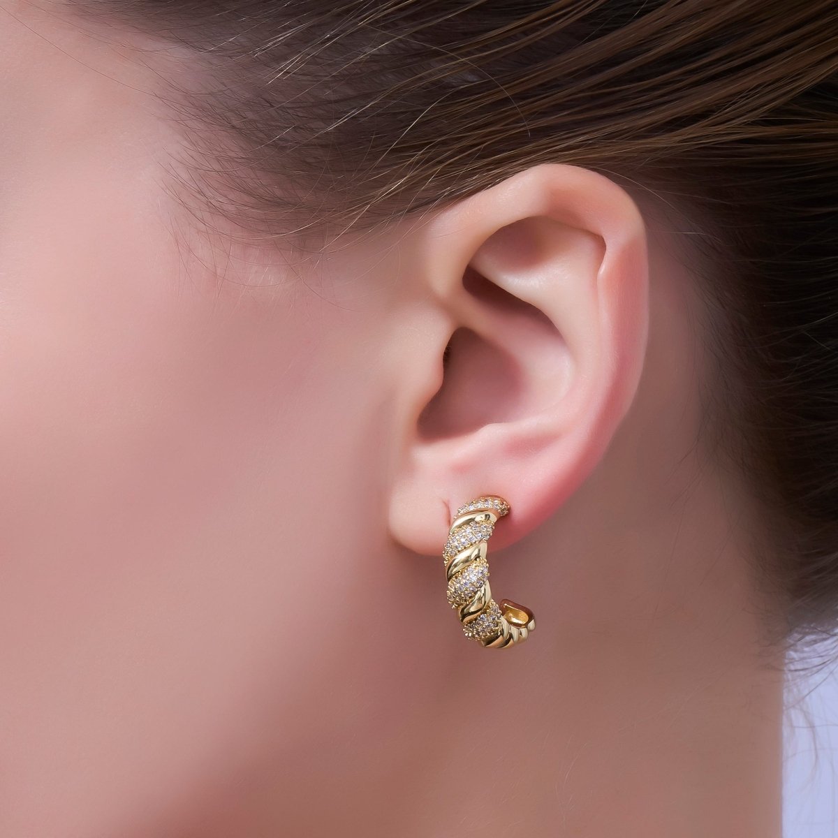 24K Gold plated Micro Paved CZ Croissant C - Shaped Hoop Earrings | AE862 
