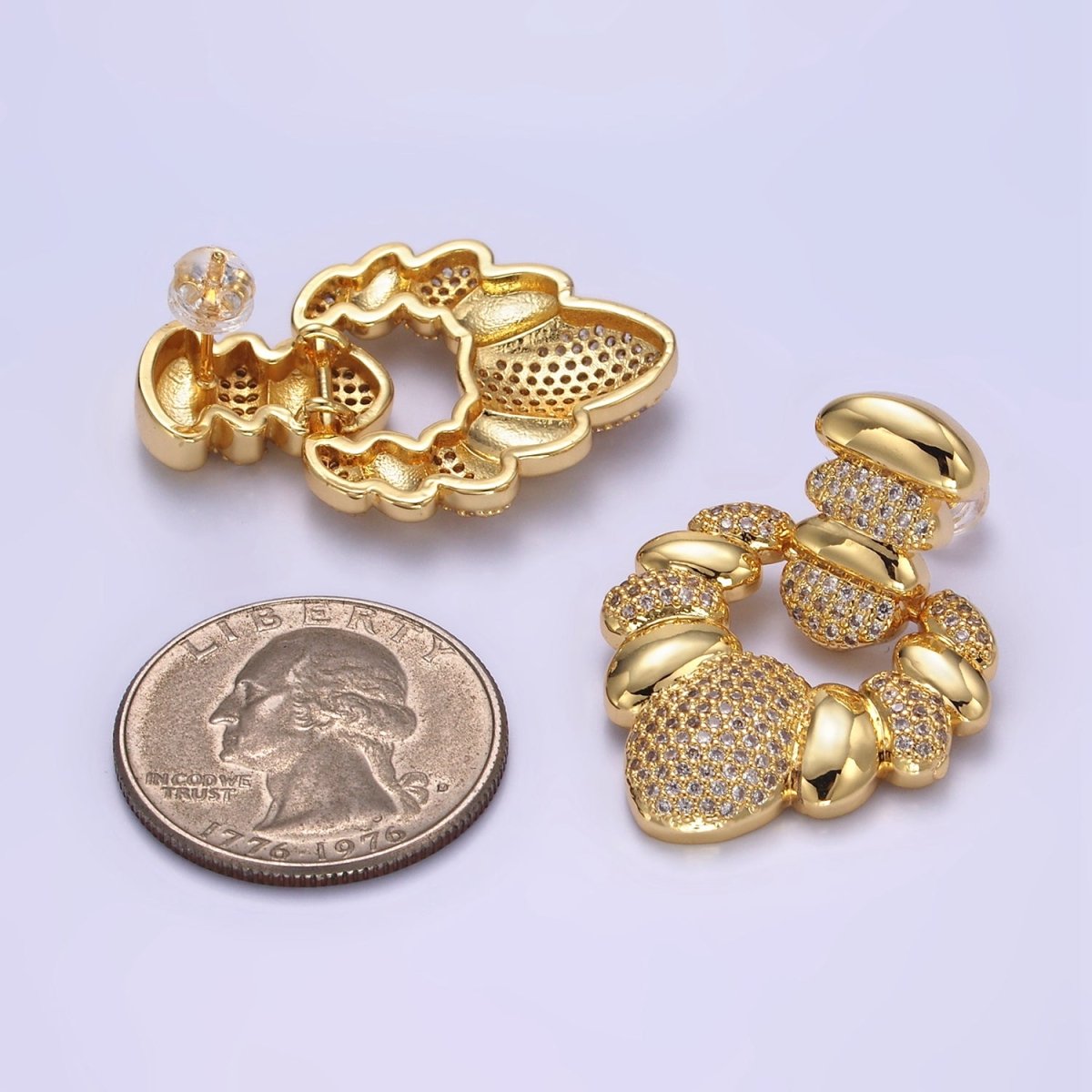 24K Gold plated Micro Paved CZ Croissant Geometric Drop Stud Earrings | Q140 - DLUXCA