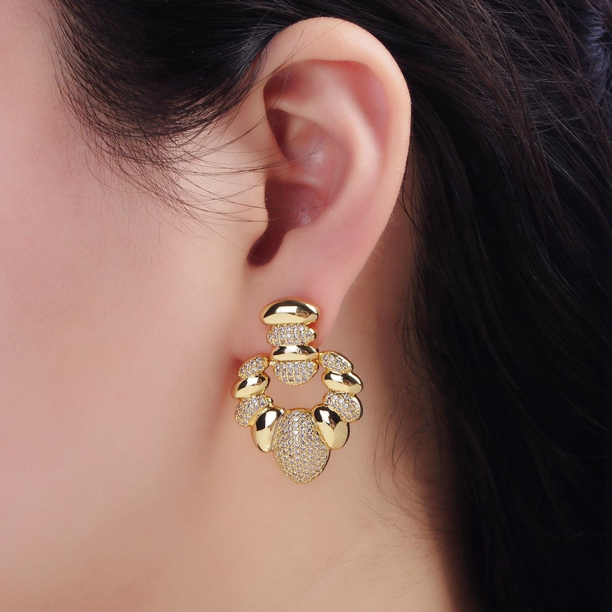 24K Gold plated Micro Paved CZ Croissant Geometric Drop Stud Earrings | Q140 - DLUXCA