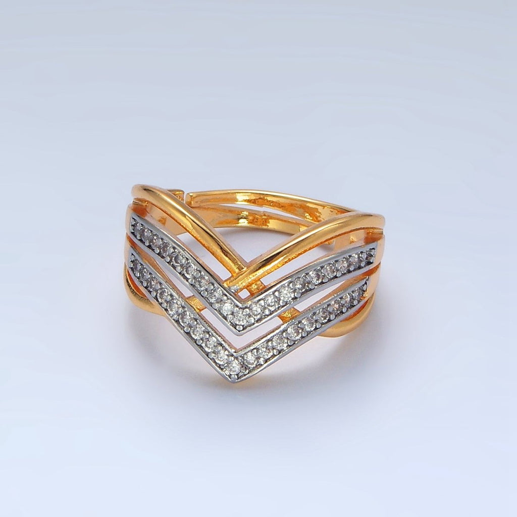 24K Gold plated Micro Paved CZ Curved Chevron Band Ring | O1429 - DLUXCA