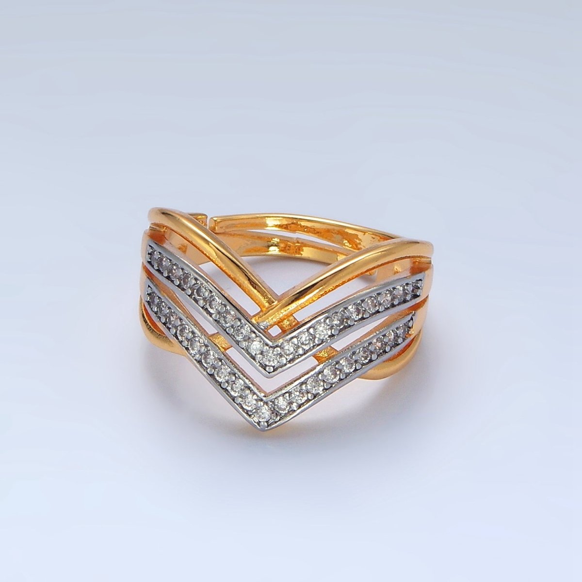 24K Gold plated Micro Paved CZ Curved Chevron Band Ring | O1429 - DLUXCA