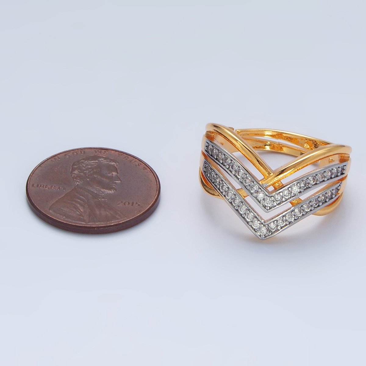 24K Gold plated Micro Paved CZ Curved Chevron Band Ring | O1429 - DLUXCA