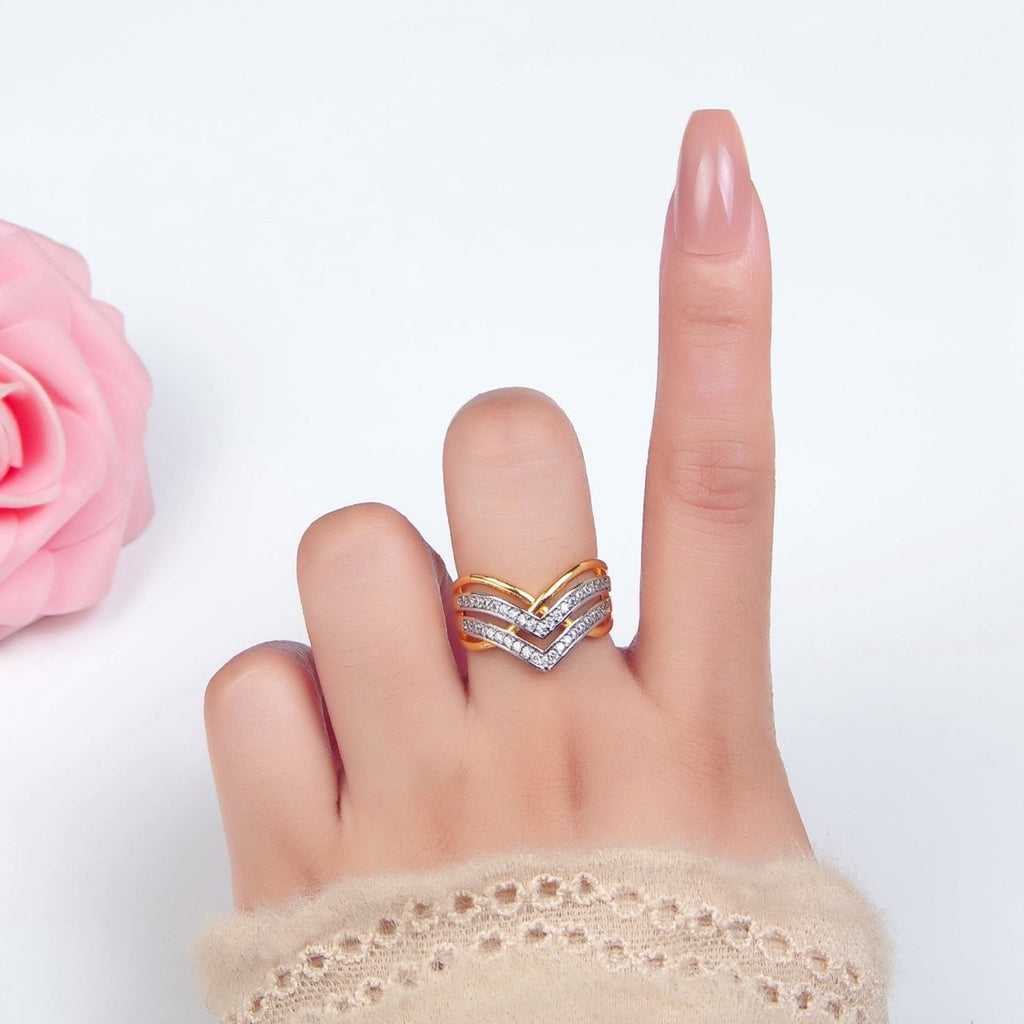 24K Gold plated Micro Paved CZ Curved Chevron Band Ring | O1429 - DLUXCA