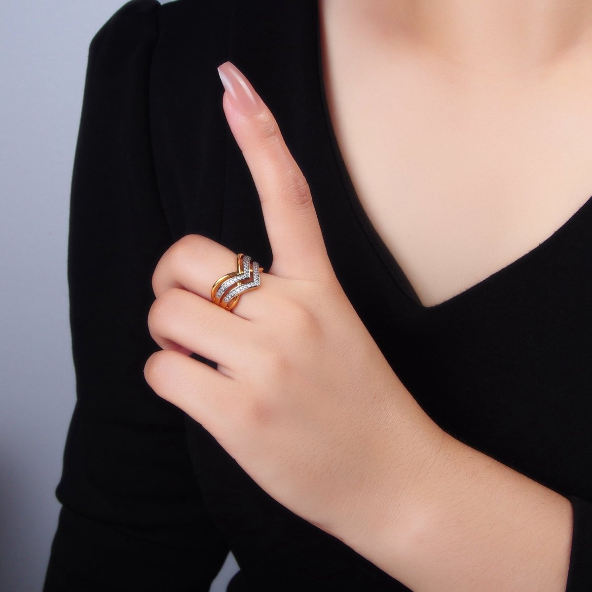 24K Gold plated Micro Paved CZ Curved Chevron Band Ring | O1429 - DLUXCA