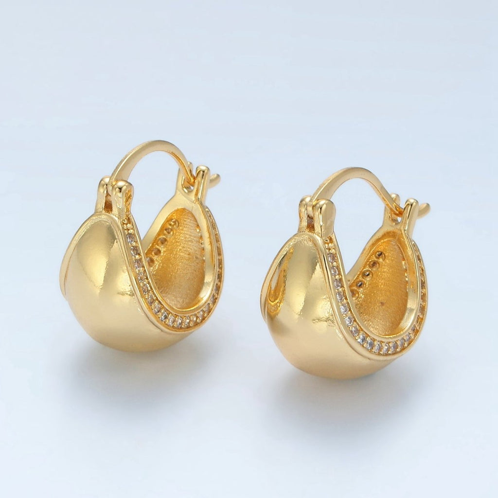 24K Gold plated Micro Paved CZ Dome Latch Hoop Earrings | AD635 - DLUXCA