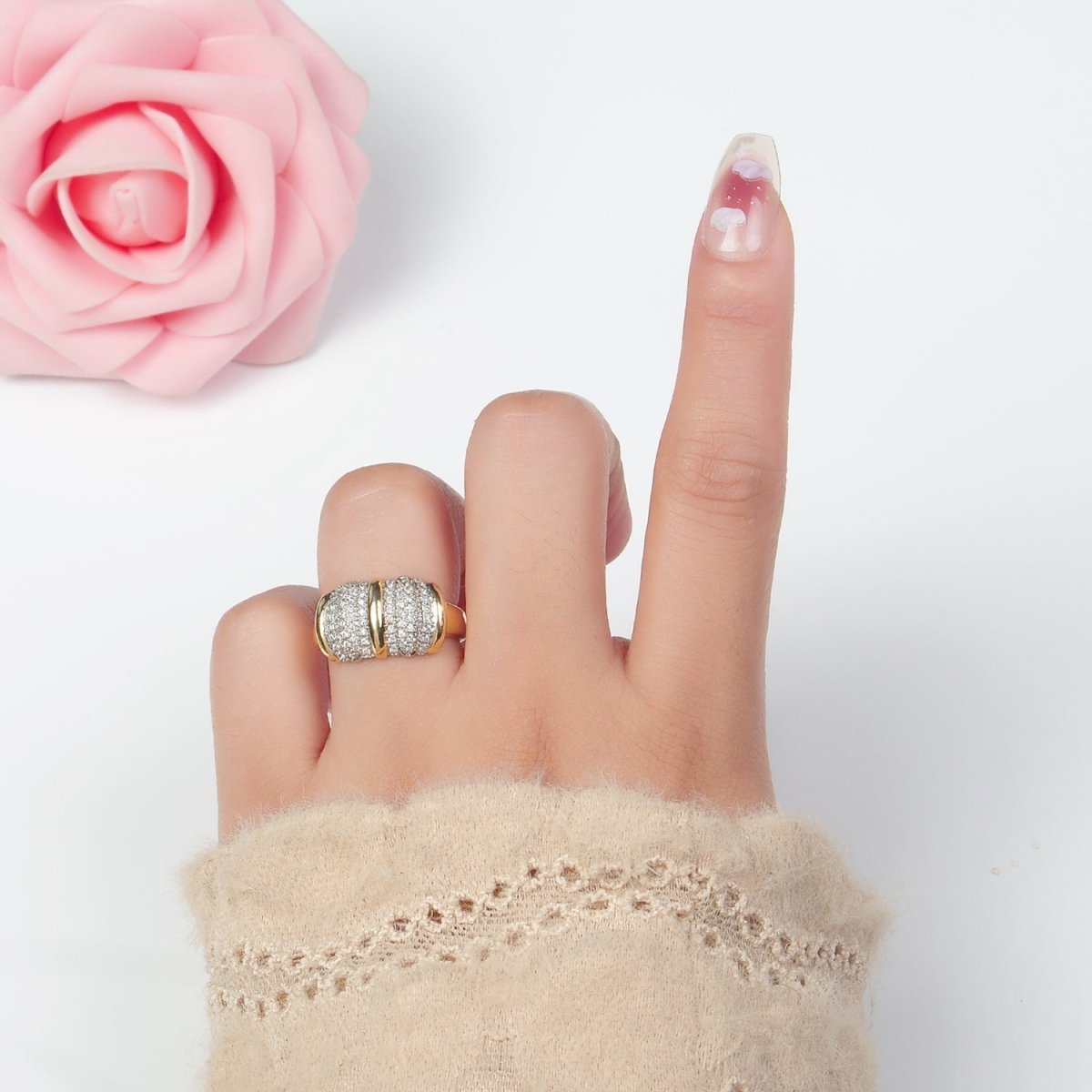 24K Gold plated Micro Paved CZ Dome Wide Band Bar Ring | O1401 - DLUXCA