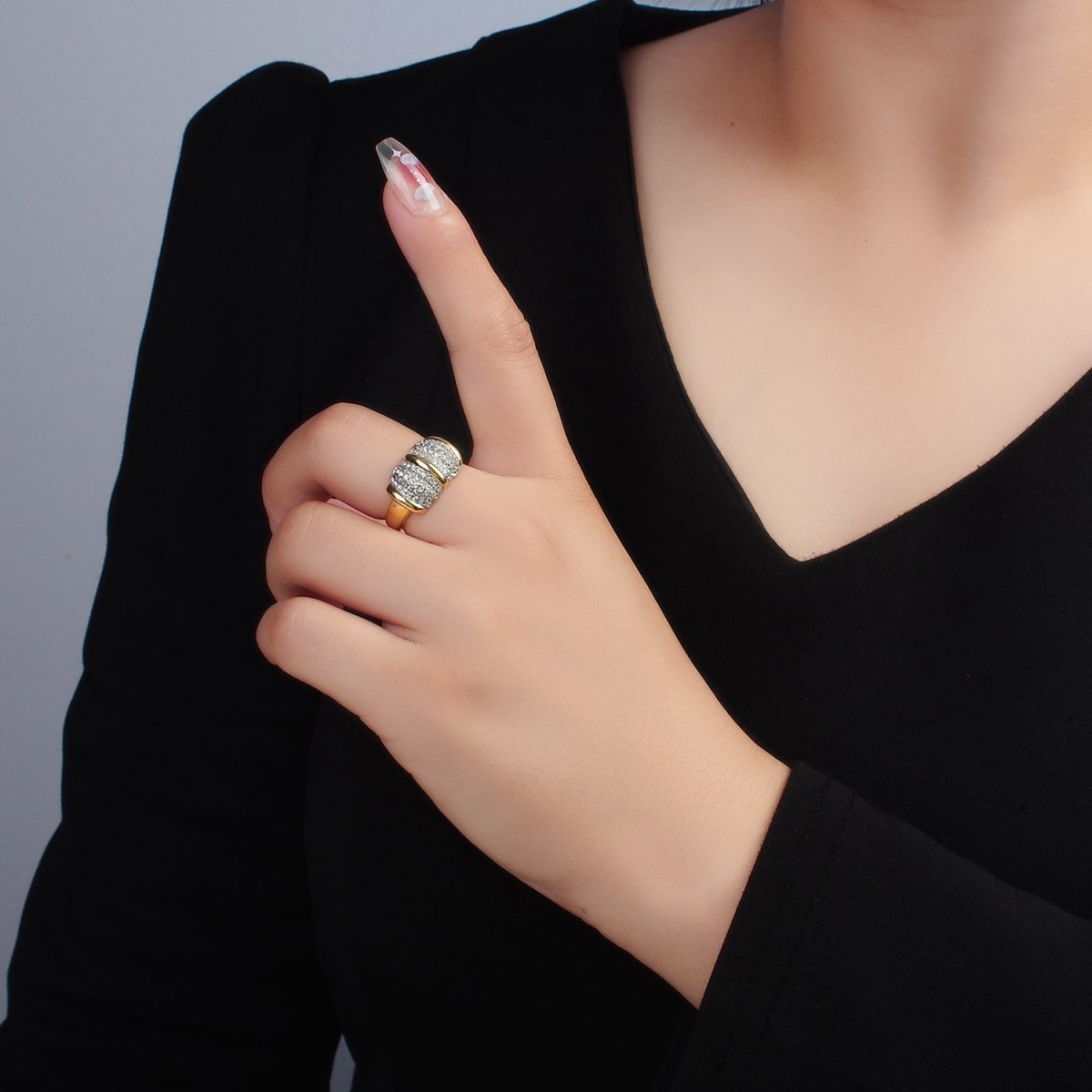 24K Gold plated Micro Paved CZ Dome Wide Band Bar Ring | O1401 - DLUXCA